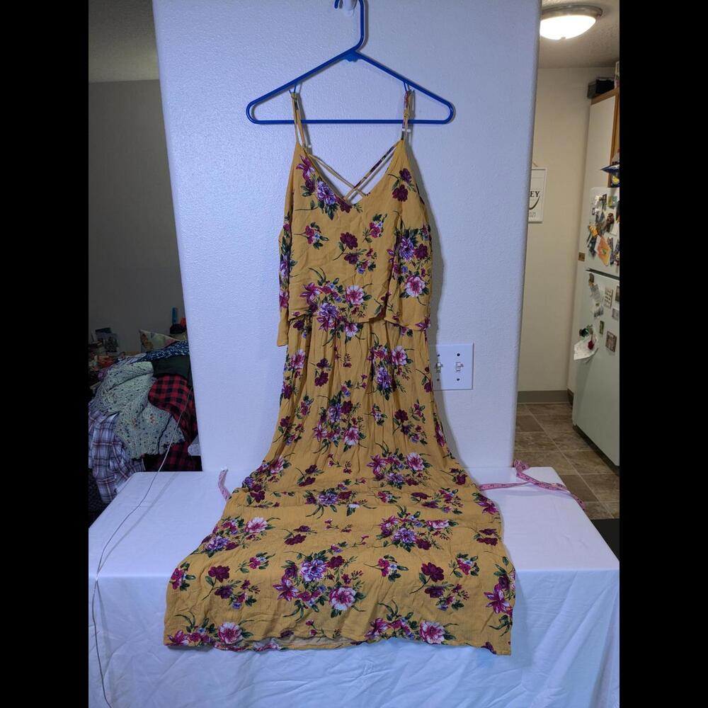 GUC Ambiance Women's Sz Large Yellow Floral MaxiDress Mustard Yellow *See flaws*